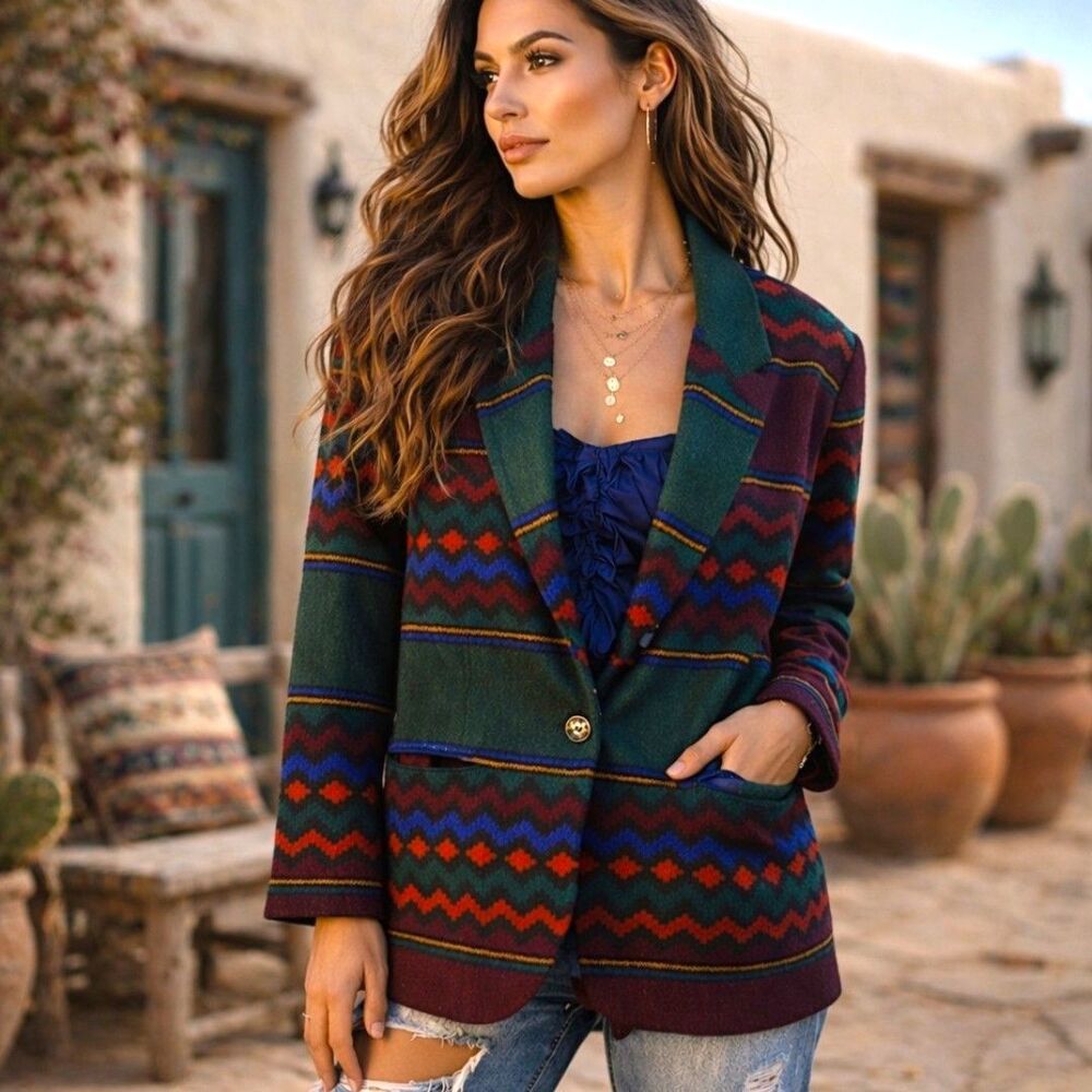 VTG 90s Aztec Index by Melrose Blazer Sz L  Southwestern Retro Stripe Heritage